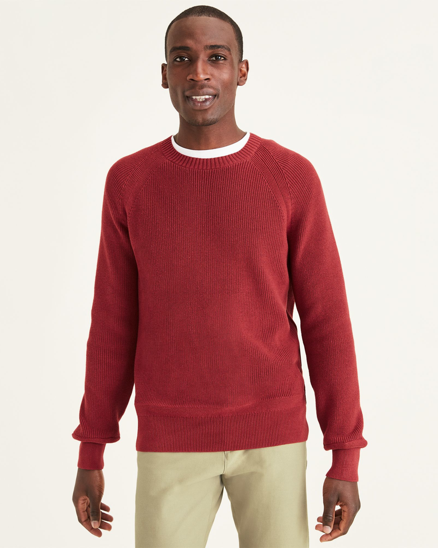 Front view of model wearing Red Pear Crewneck Sweater, Regular Fit.