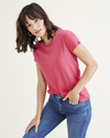 View of model wearing Rethink Pink Favorite Tee Shirt, Slim Fit.
