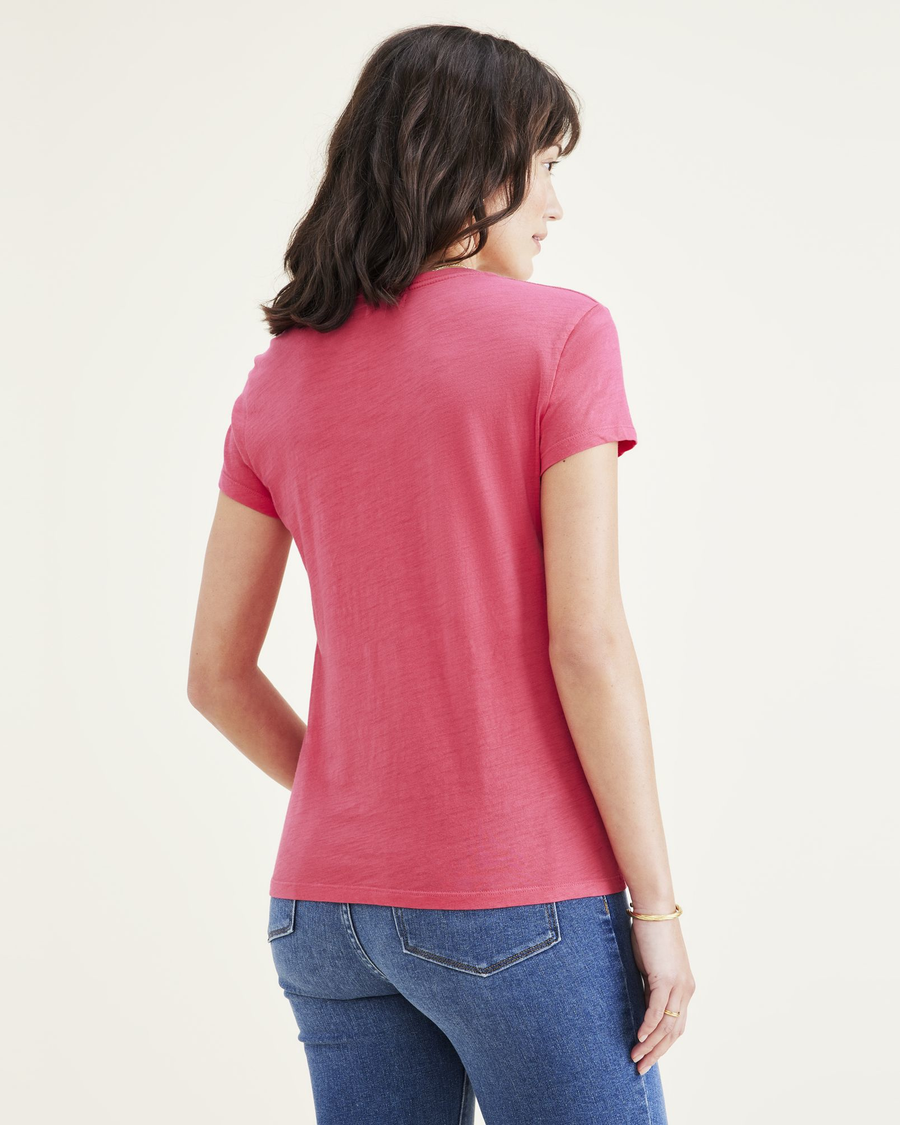 Back view of model wearing Rethink Pink Favorite Tee Shirt, Slim Fit.