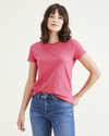 Front view of model wearing Rethink Pink Favorite Tee Shirt, Slim Fit.
