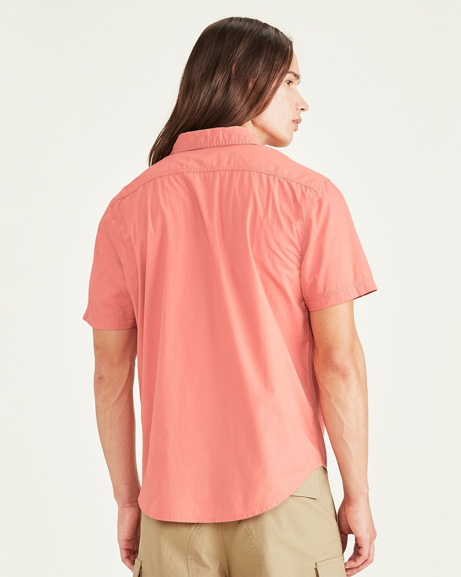 Back view of model wearing Rose Dawn Utility Shirt, Regular Fit.