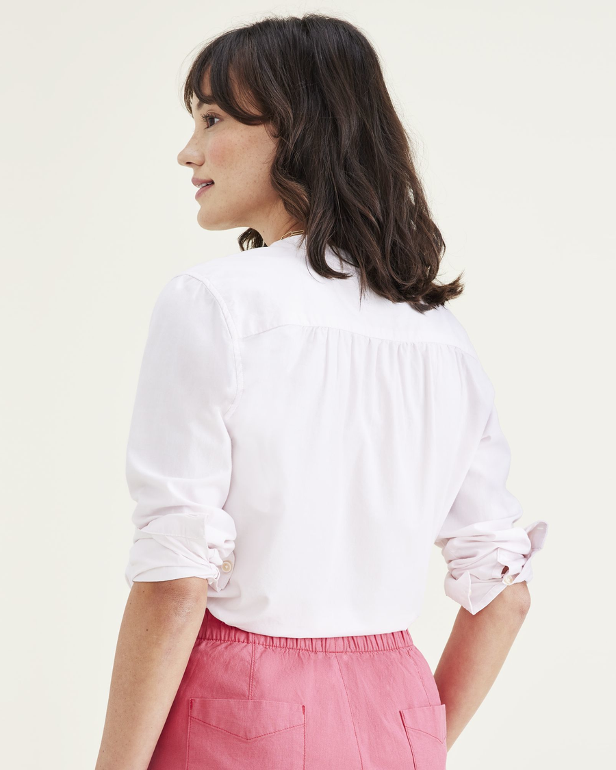Back view of model wearing Rose Quartz Button-Up, Regular Fit.