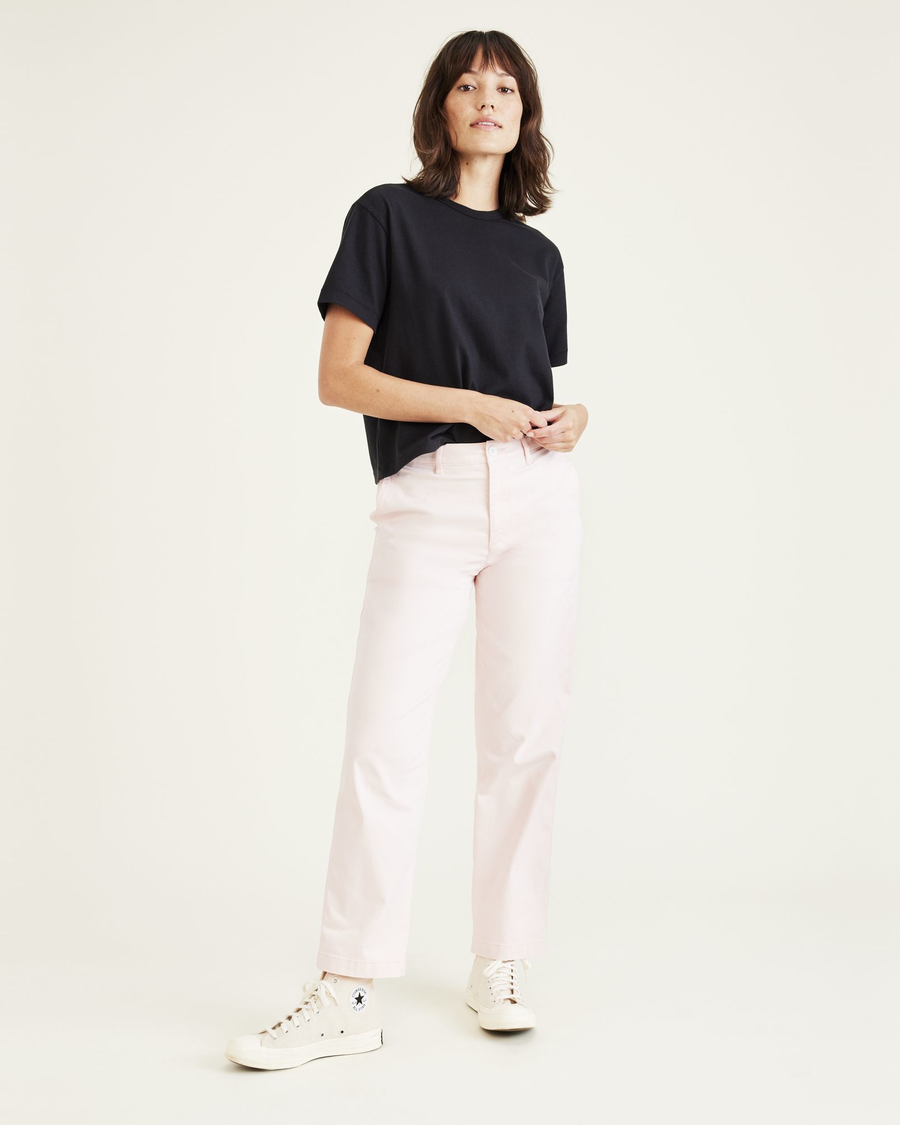 Front view of model wearing Rose Quartz Original Chinos, High Waisted, Straight Fit.