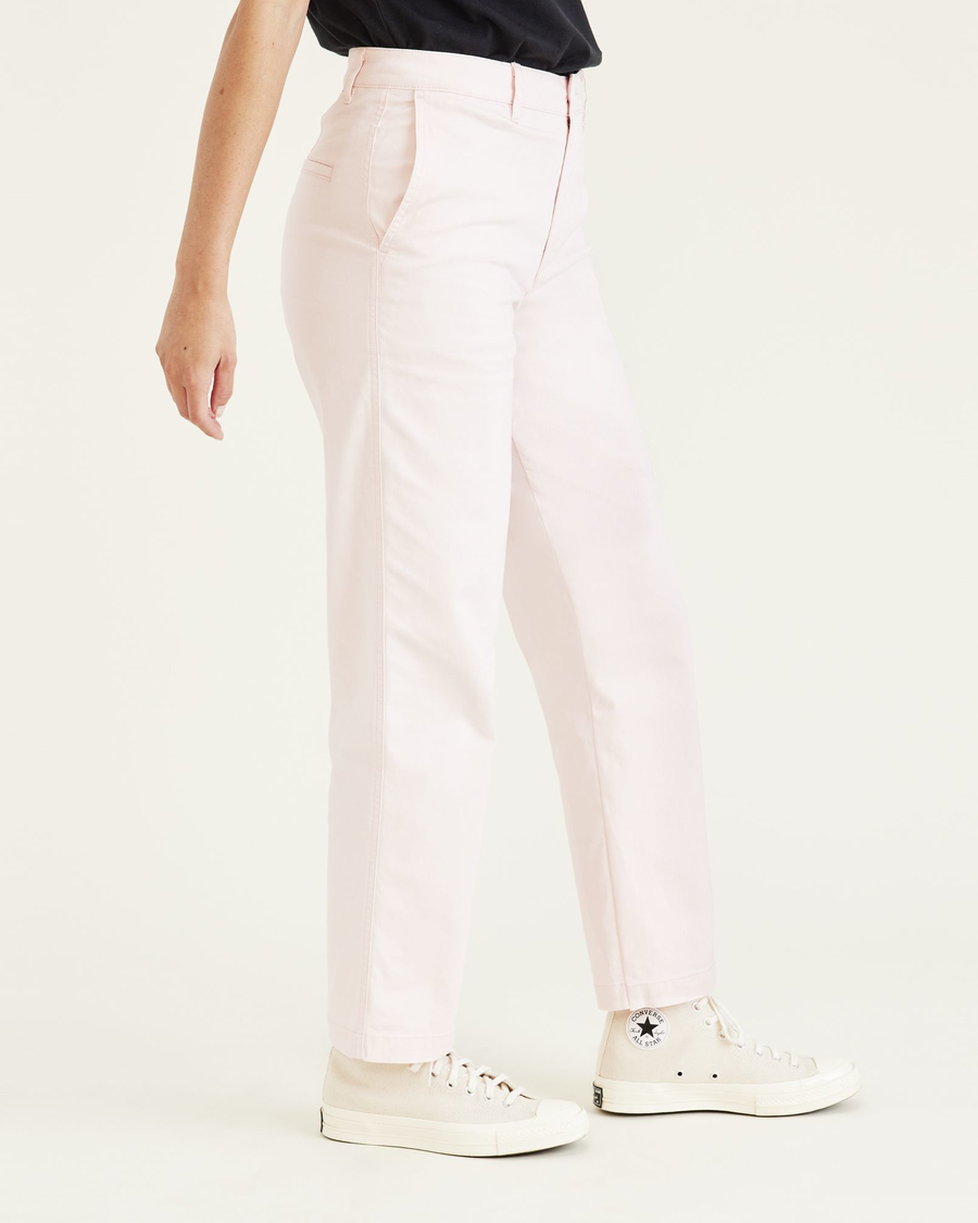 Side view of model wearing Rose Quartz Original Chinos, High Waisted, Straight Fit.