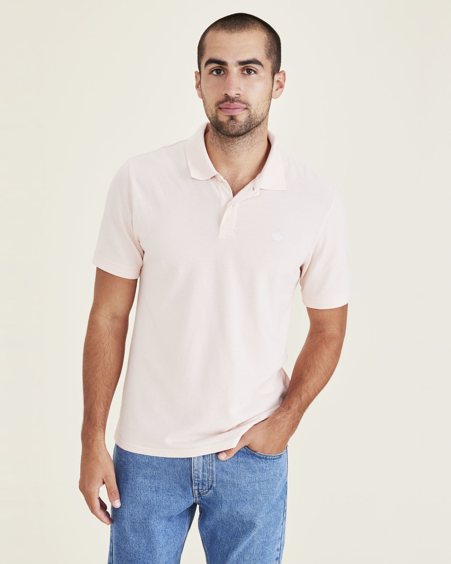 Front view of model wearing Rose Quartz Rib Collar Polo, Slim Fit.