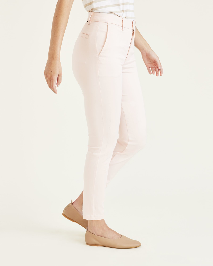 Side view of model wearing Rose Quartz Weekend Chinos, Skinny Fit: Premium Edition.