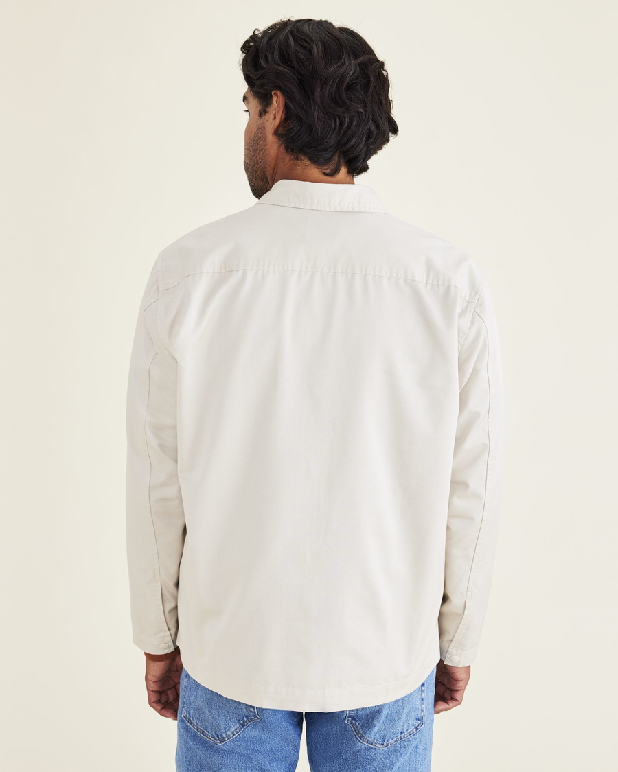 Back view of model wearing Safari Khaki Overshirt, Relaxed Fit.