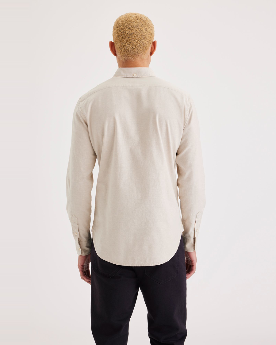 Back view of model wearing Safari Lucent White Stretch Oxford Shirt, Slim Fit.