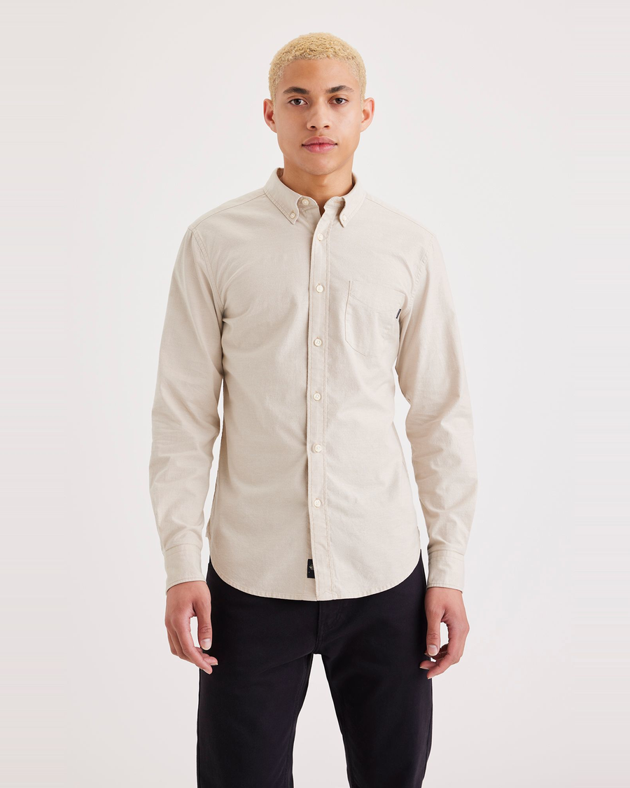 Front view of model wearing Safari Lucent White Stretch Oxford Shirt, Slim Fit.