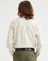 Back view of model wearing Sage Egret Signature Stain Defender Shirt, Classic Fit.