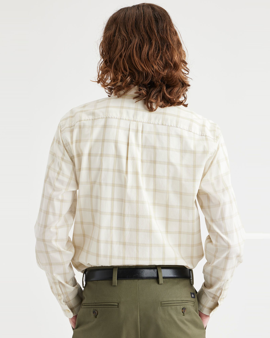 Back view of model wearing Sage Egret Signature Stain Defender Shirt, Classic Fit.