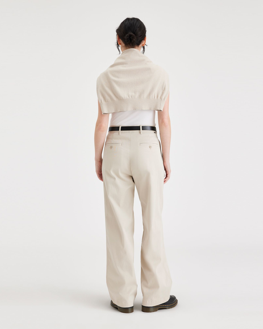 Back view of model wearing Sahara Khaki Beale Pleated Chino, High Wide Fit.