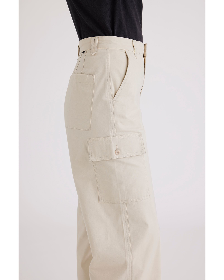 Side view of model wearing Sahara Khaki Cargo Pant, High Wide Fit.