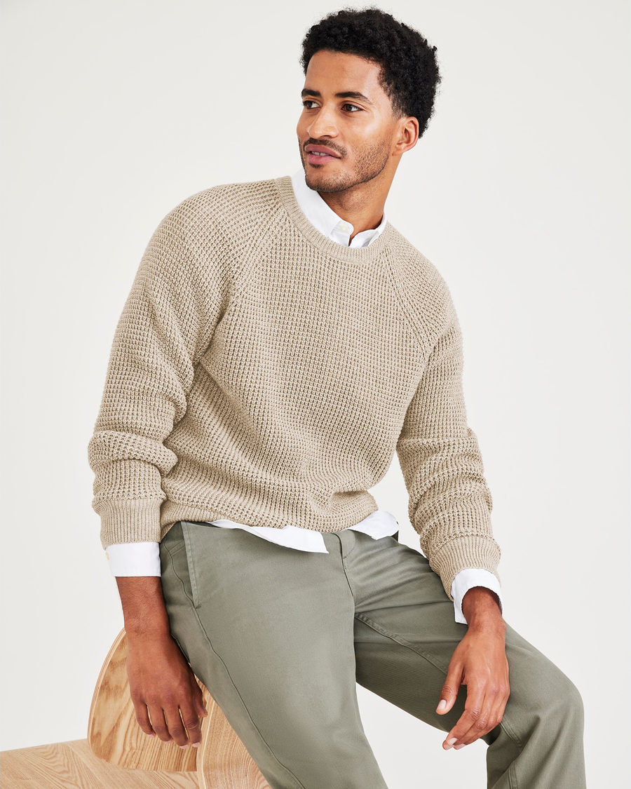 View of model wearing Sahara Khaki Crewneck Sweater, Regular Fit.