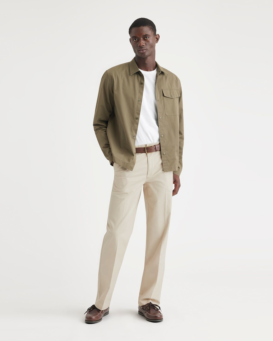 Front view of model wearing Sahara Khaki Essential Chinos, Classic Fit.