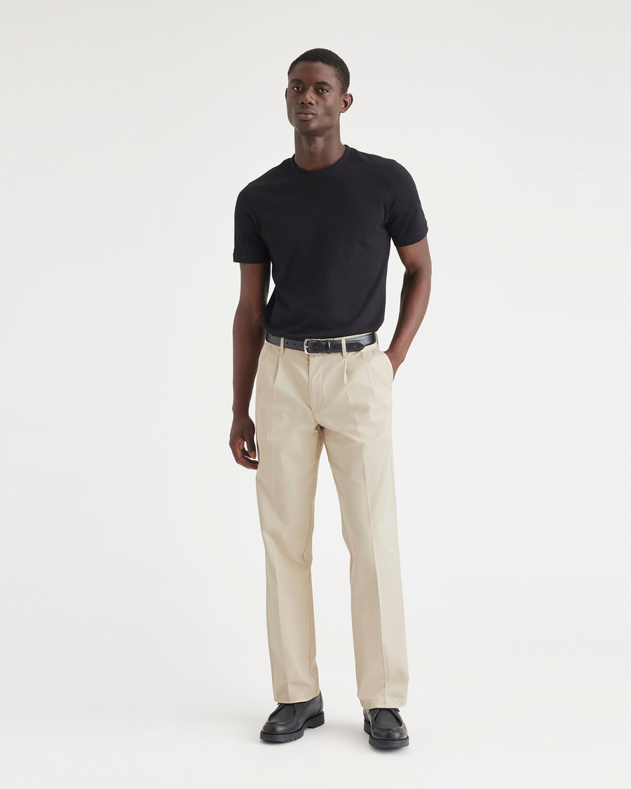 Front view of model wearing Sahara Khaki Essential Chinos, Pleated, Classic Fit.