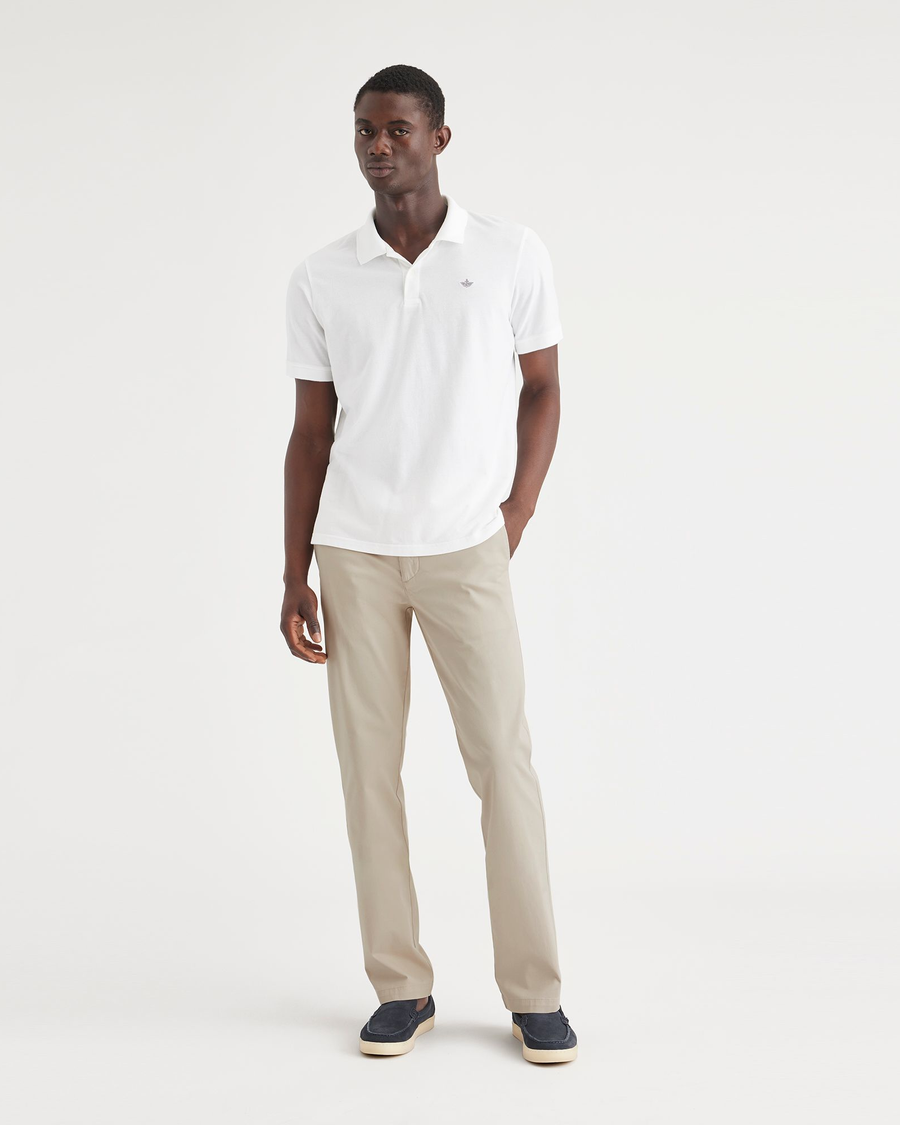 Front view of model wearing Sahara Khaki Essential Chinos, Slim Fit.
