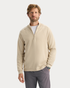 View of model wearing Sahara Khaki Go Half-Zip Sweater, Regular Fit.