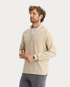 View of model wearing Sahara Khaki Go Half-Zip Sweater, Regular Fit.