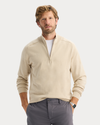 View of model wearing Sahara Khaki Go Half-Zip Sweater, Regular Fit.