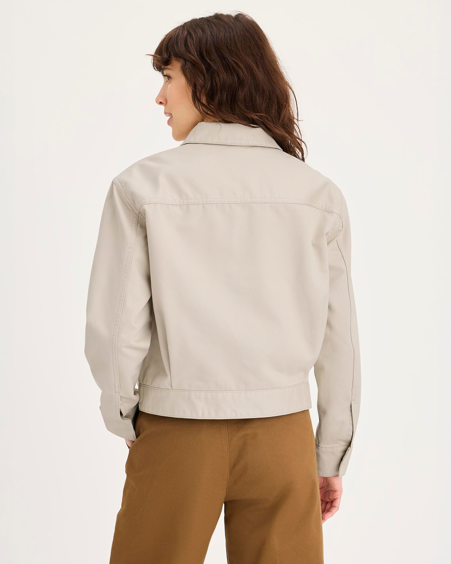 Back view of model wearing Sahara Khaki Mechanic's Jacket, Regular Fit.