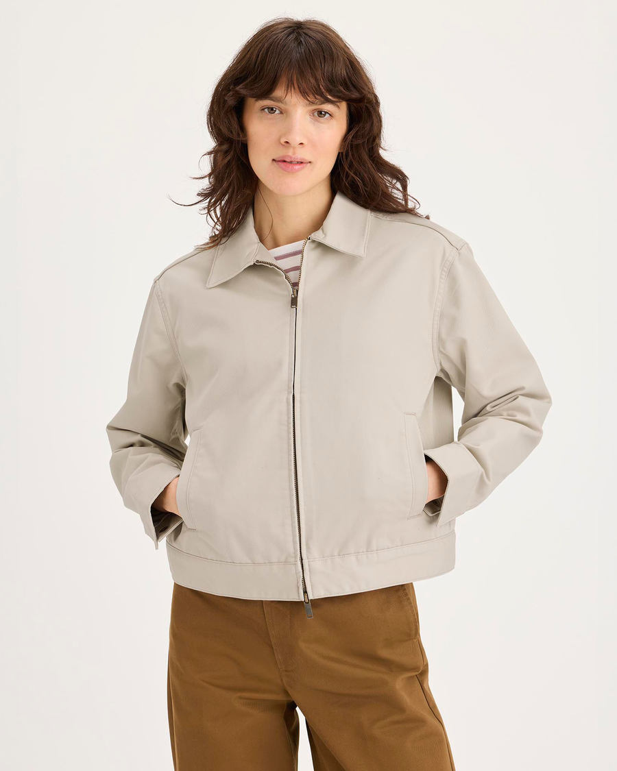 Front view of model wearing Sahara Khaki Mechanic's Jacket, Regular Fit.
