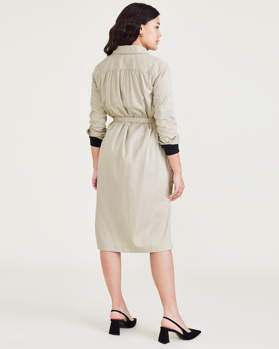Back view of model wearing Sahara Khaki Midi Dress, Relaxed Fit.
