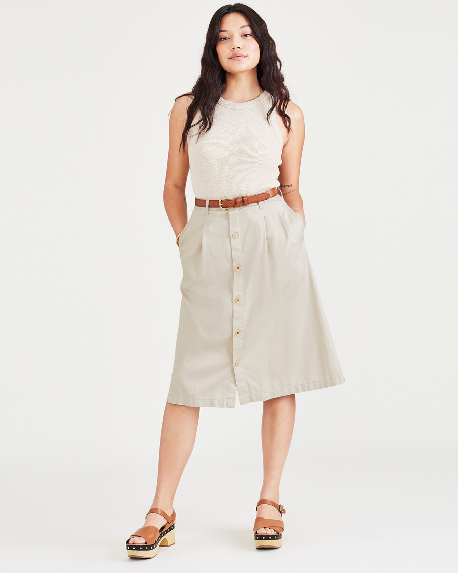 View of model wearing Sahara Khaki Midi Skirt.