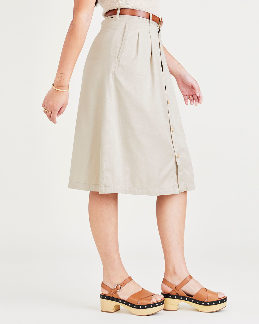 Side view of model wearing Sahara Khaki Midi Skirt.