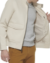 View of model wearing Sahara Khaki Poly Cotton Twill Barracuda Bomber w/ Harrington Pockets.