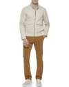 View of model wearing Sahara Khaki Poly Cotton Twill Barracuda Bomber w/ Harrington Pockets.