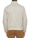 Back view of model wearing Sahara Khaki Poly Cotton Twill Barracuda Bomber w/ Harrington Pockets.