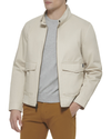 Side view of model wearing Sahara Khaki Poly Cotton Twill Barracuda Bomber w/ Harrington Pockets.