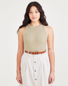 Front view of model wearing Sahara Khaki Rib Tank with Lofi Knit, Slim Fit.