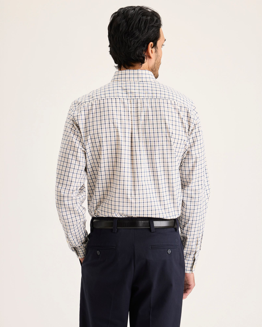 Back view of model wearing Sahara Khaki Signature Stain Defender Shirt, Classic Fit.