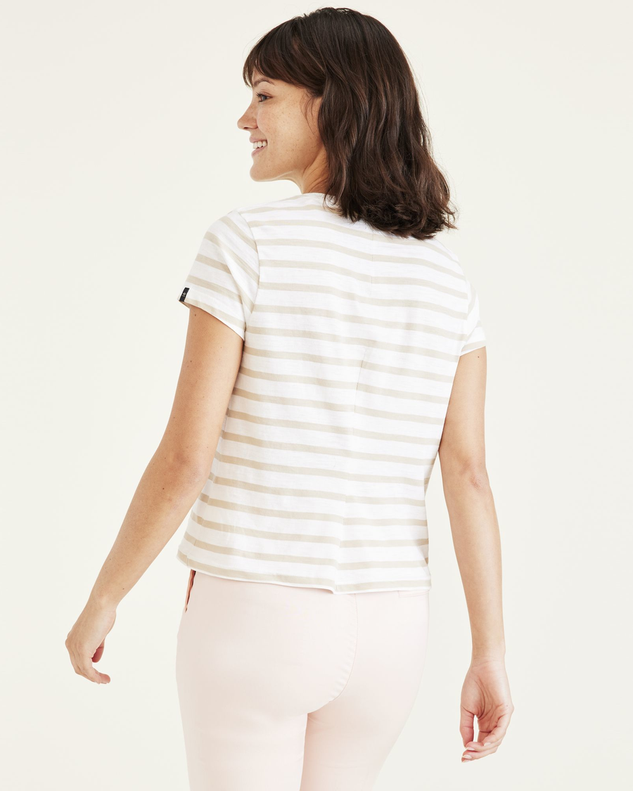 Back view of model wearing Sahara Khaki V-Neck Tee Shirt, Slim Fit.