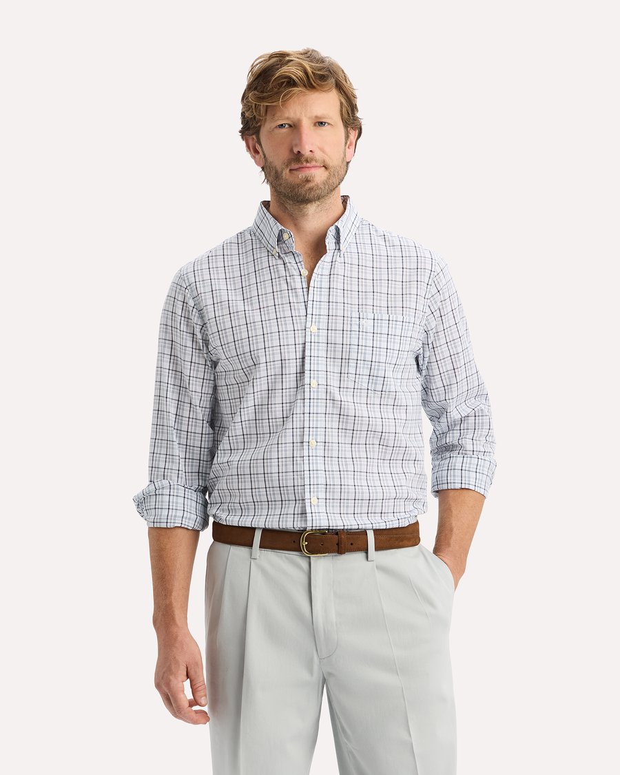 View of model wearing Sailmore Signature Stain Defender Shirt, Classic Fit.