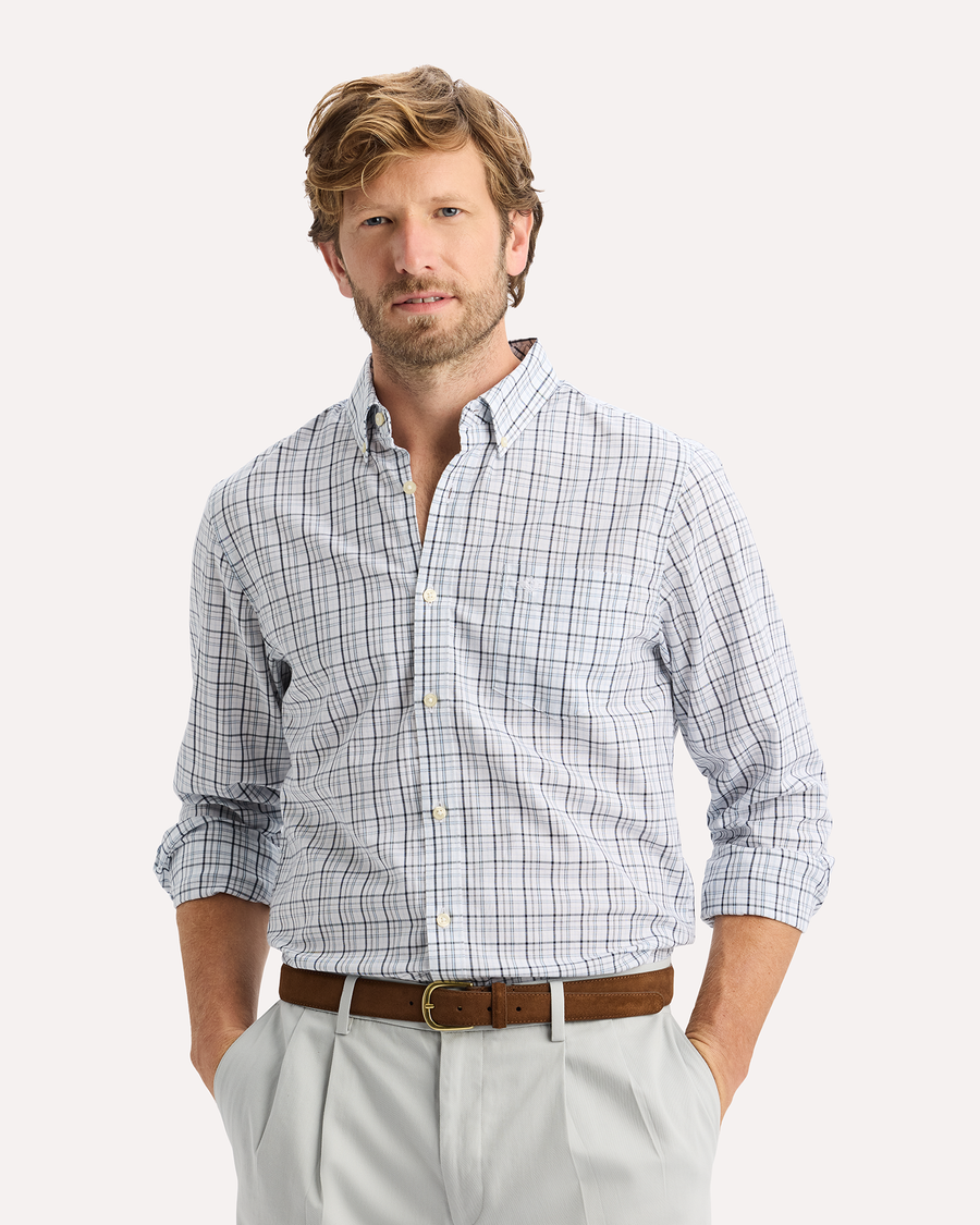 View of model wearing Sailmore Signature Stain Defender Shirt, Classic Fit.