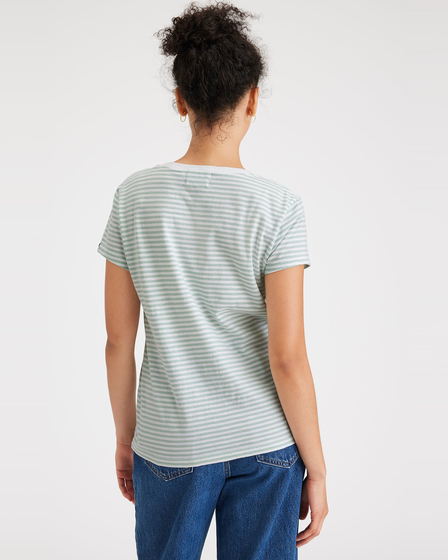 Back view of model wearing Sea Cliff Harbor Grey V-Neck Tee Shirt, Slim Fit.