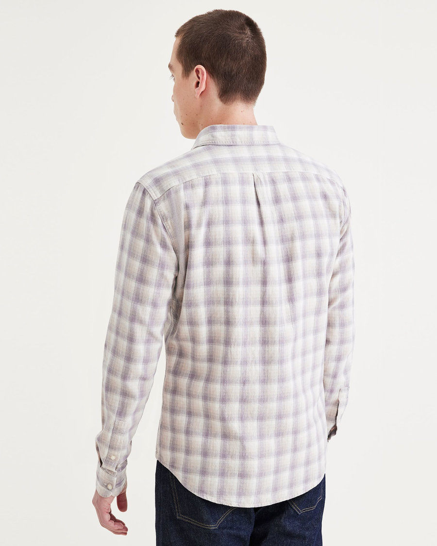 Back view of model wearing Seaward Purple Dove Original Button Up, Slim Fit.