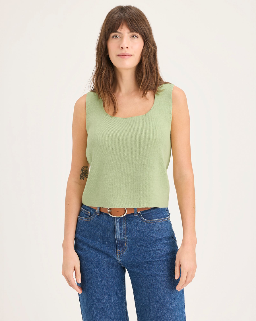 Front view of model wearing Seedling Sweater Tank, Regular Fit.