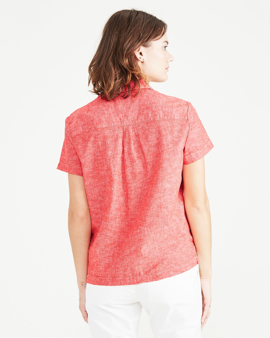 Back view of model wearing Signal Red Camp Collar Shirt, Classic Fit.