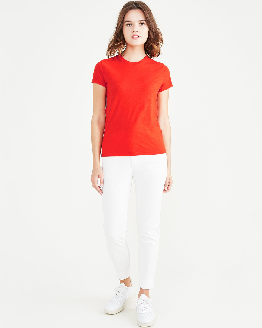 View of model wearing Signal Red Favorite Tee Shirt, Slim Fit.