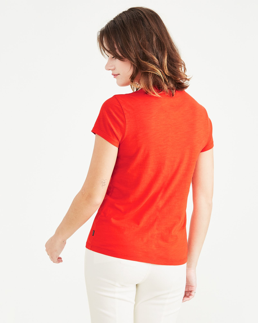 Back view of model wearing Signal Red Favorite Tee Shirt, Slim Fit.