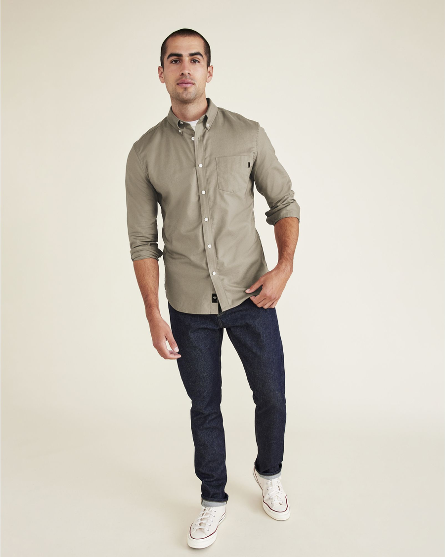View of model wearing Silver Sage Stretch Oxford Shirt, Slim Fit.