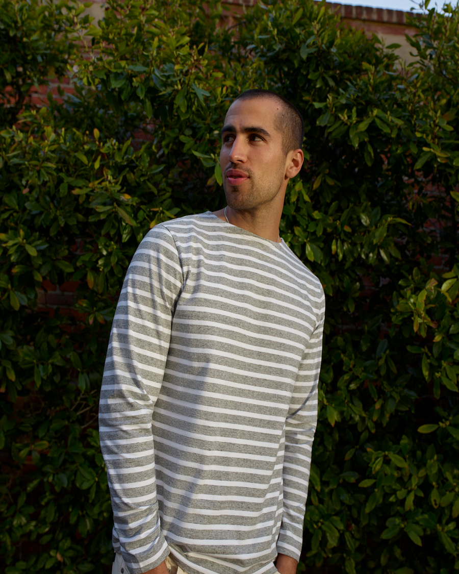 View of model wearing Smokestack Heather Boatneck Shirt, Regular Fit.