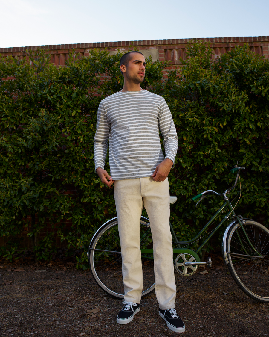 View of model wearing Smokestack Heather Boatneck Shirt, Regular Fit.