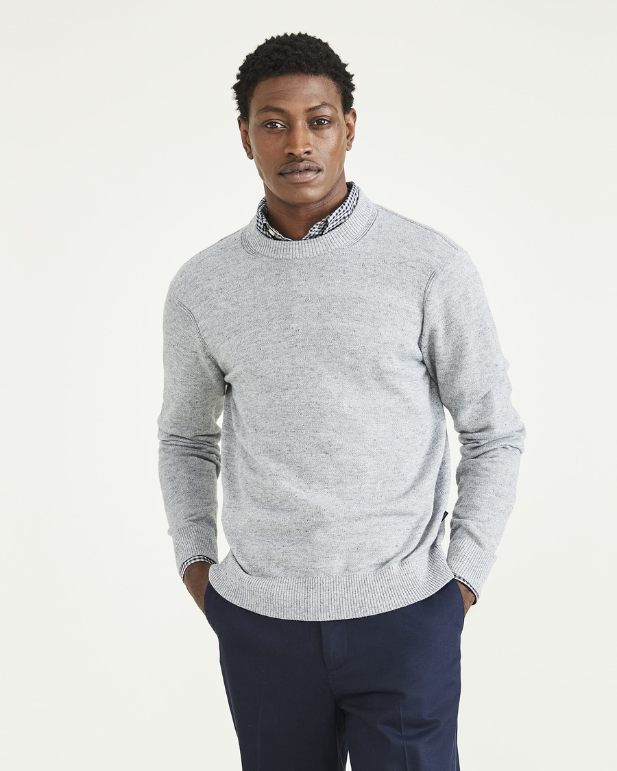 Front view of model wearing Smokestack Heather Crewneck Sweater, Regular Fit.