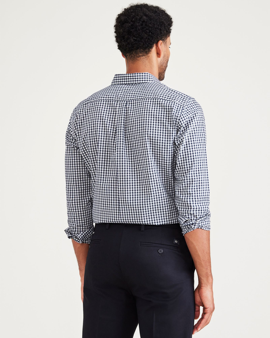 Back view of model wearing Stadium Navy Blazer Signature Stain Defender Shirt, Classic Fit.