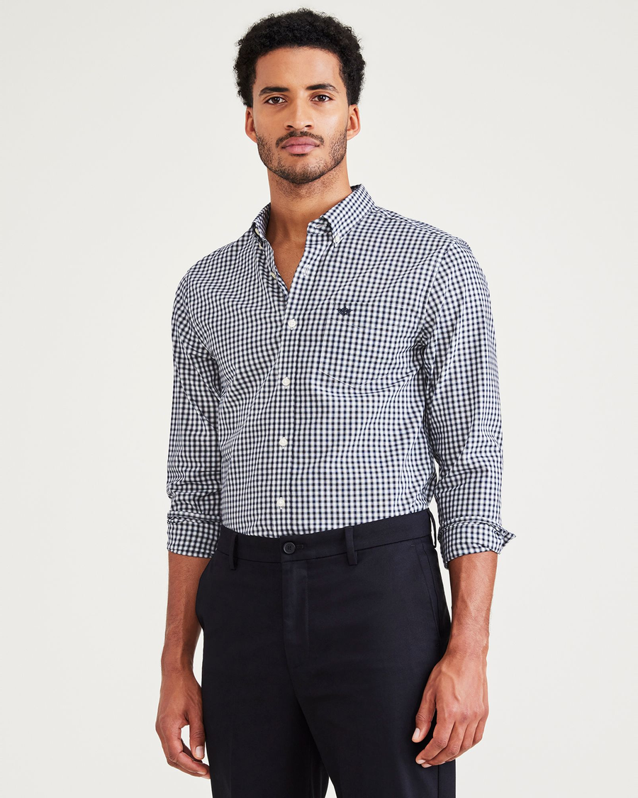 Front view of model wearing Stadium Navy Blazer Signature Stain Defender Shirt, Classic Fit.